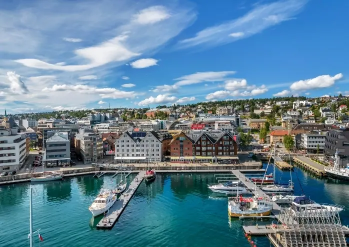 Tromsø harbour and centre from the air on a sunny day